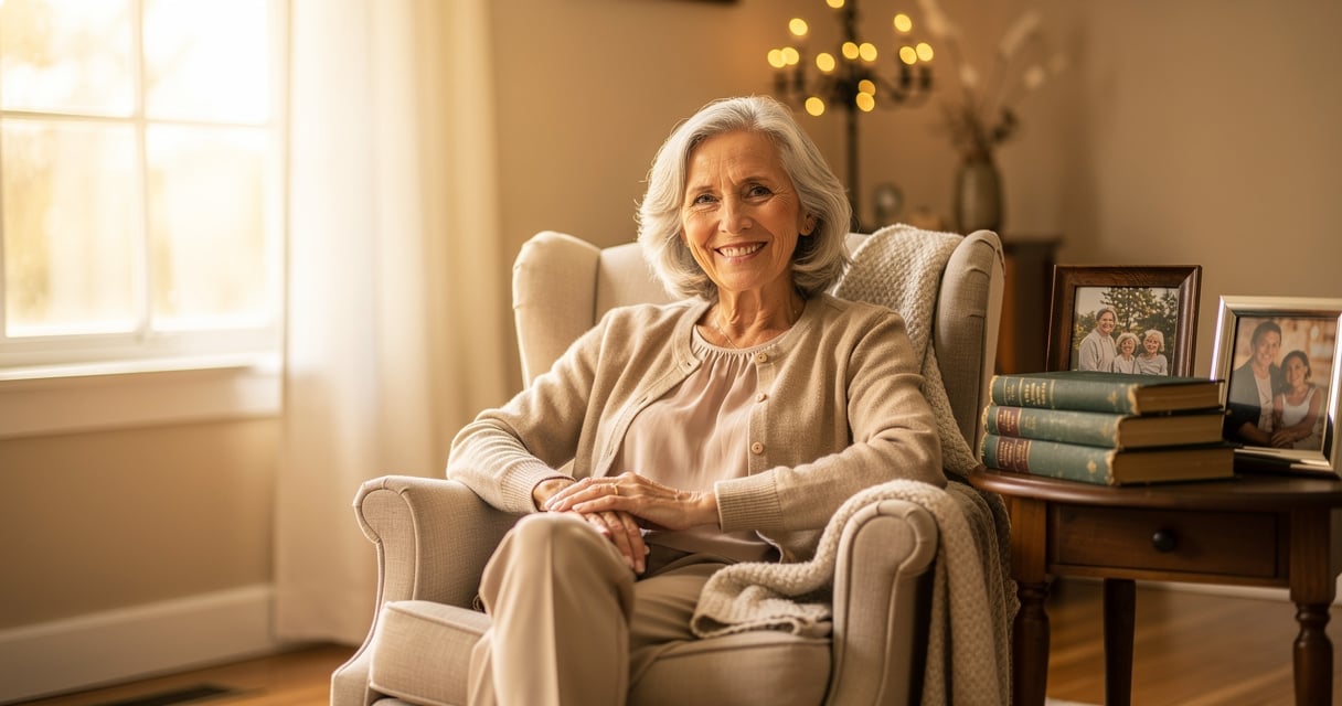 Femme senior souriante dans son salon, illustration du maintien à domicile