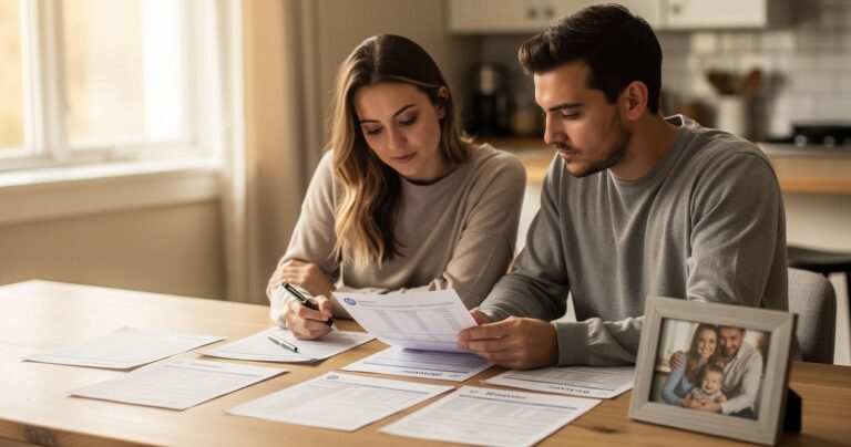Couple consultant des documents d'assurance décès invalidité dans leur cuisine