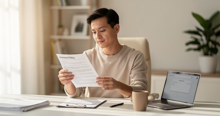Personne consultant des documents d assurance habitation sur un bureau