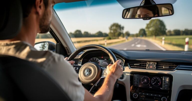 Conducteur prudent au volant sur une route ensoleillée