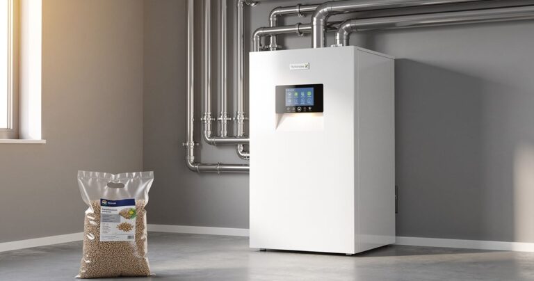 Chaudière à granulés moderne installée dans la chaufferie d'une maison