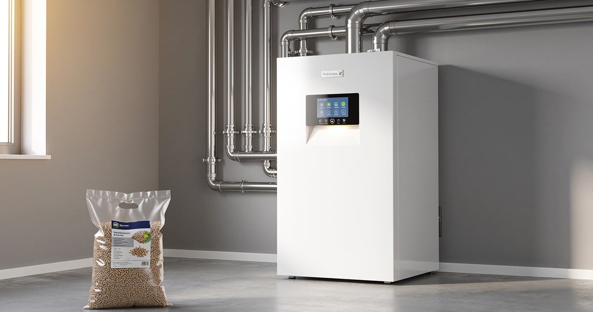Chaudière à granulés moderne installée dans la chaufferie d'une maison