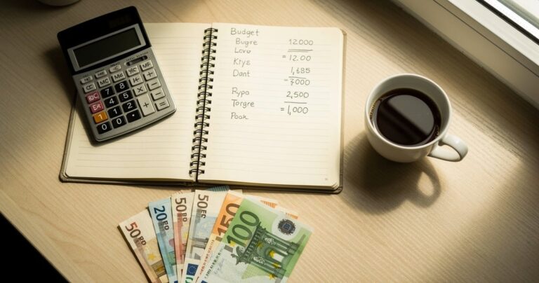 Carnet de budget avec calculatrice et billets en euros sur un bureau en bois