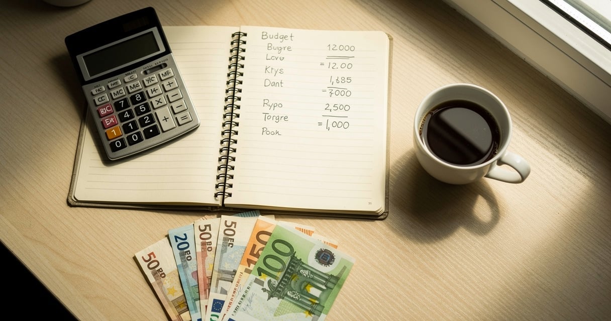 Carnet de budget avec calculatrice et billets en euros sur un bureau en bois