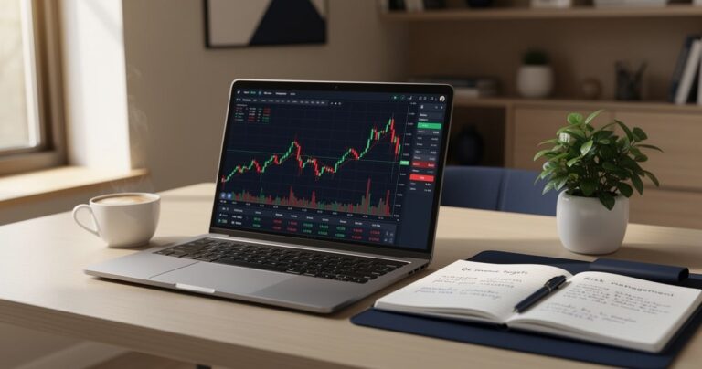 Bureau avec ordinateur portable affichant des graphiques boursiers pour débutant en investissement