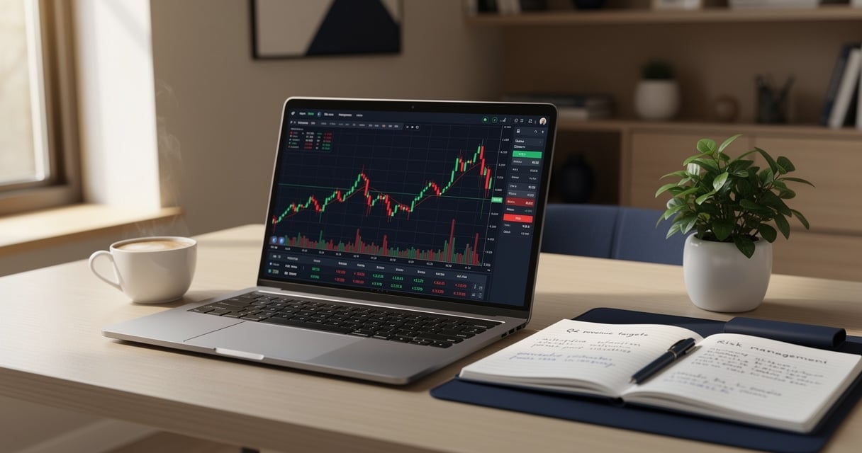 Bureau avec ordinateur portable affichant des graphiques boursiers pour débutant en investissement
