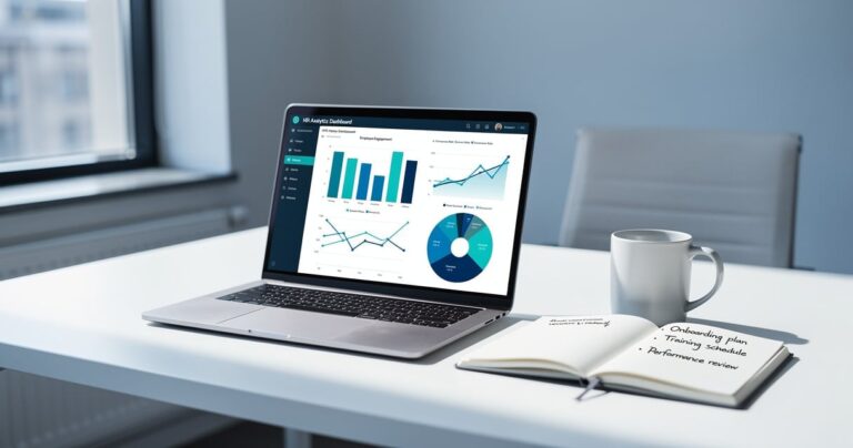 Bureau moderne avec ordinateur affichant un tableau de bord RH pour PME