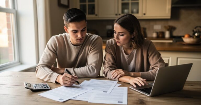 Couple analysant son contrat de location avec calculatrice et ordinateur