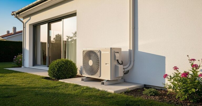 Pompe à chaleur air-eau installée contre le mur extérieur d'une maison française moderne