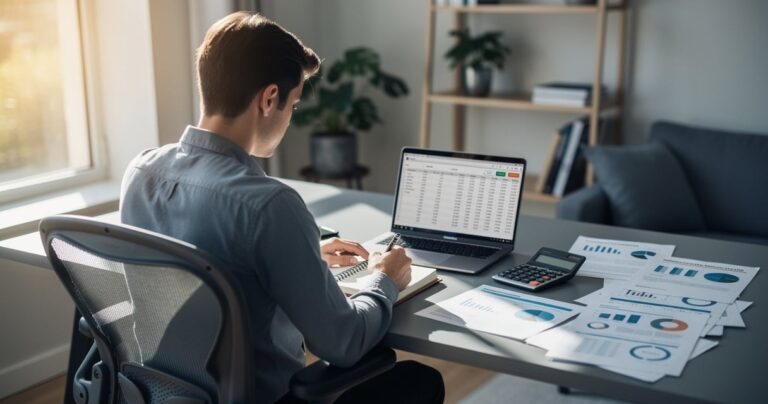 Travailleur independant comparant le portage salarial et le statut auto-entrepreneur a son bureau