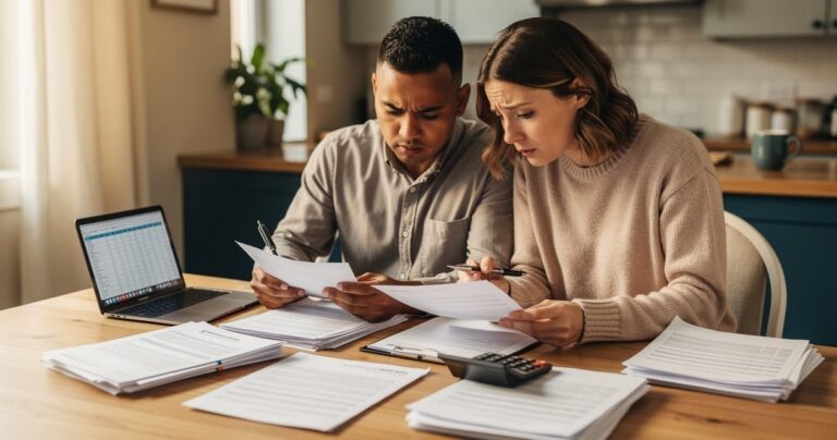 Couple examinant des contrats de crédit et calculant leurs mensualités sur la table de cuisine