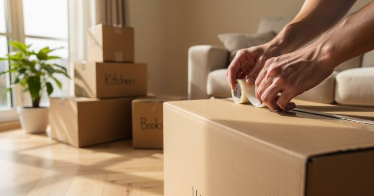 Personne fermant un carton de déménagement dans un salon lumineux