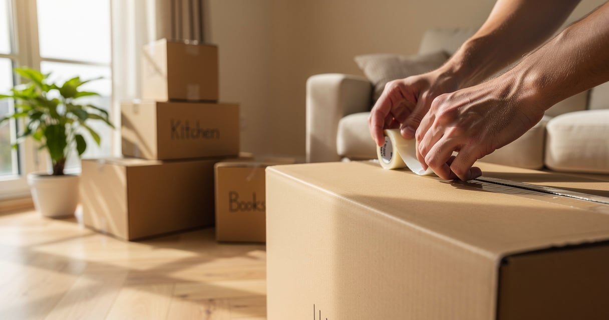 Personne fermant un carton de déménagement dans un salon lumineux
