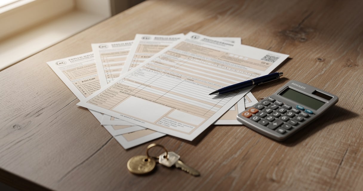 Bureau avec formulaires fiscaux, calculatrice et cle de logement pour declarer les revenus locatifs
