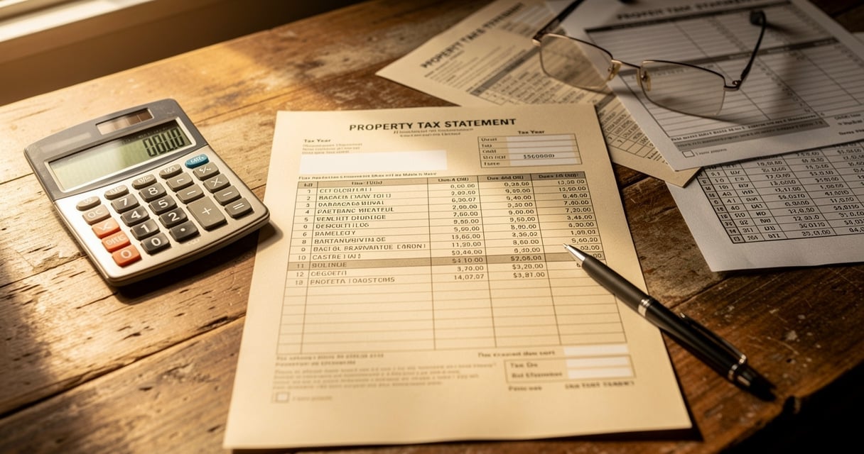 Avis de taxe foncière, calculatrice et stylo sur un bureau en bois